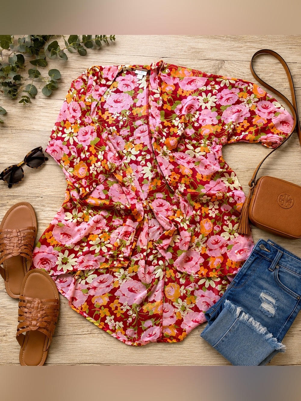 LuLaRoe Lindsey Kimono Cardigan Small Pink Red Floral Open Front Boho